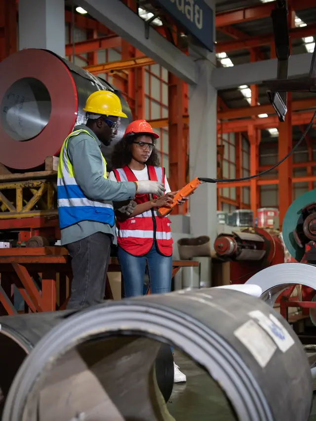 Two workers using a handheld control beside coils of sheet metal